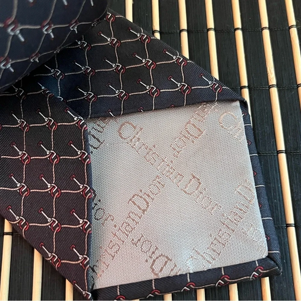 VTG 80s DIOR Navy Blue Silk Buckle Pattern Tie
